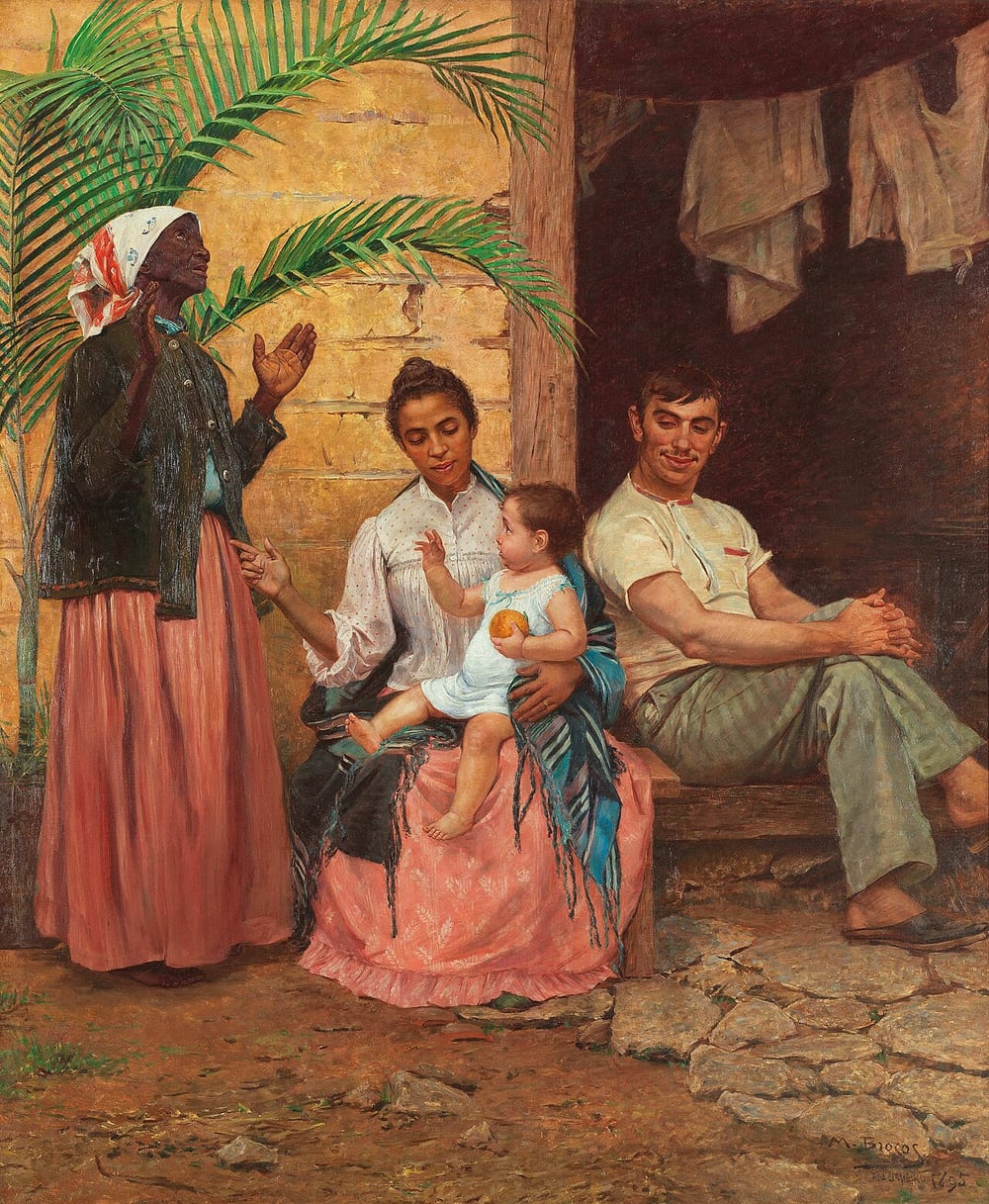 Quadro A Redenção de Cam, de Modesto Brocos (1895): à esquerda, uma senhora negra de pé ergue as mãos e olha para o céu; ao centro, uma mulher de pele mais clara, sentada, segura um bebê branco; à direita, um homem branco sentado na porta de uma casa simples olha para a criança.