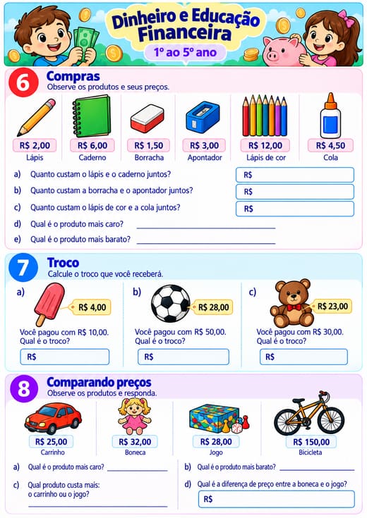 Prévia: Dinheiro e Educação Financeira — Compras, troco e preços